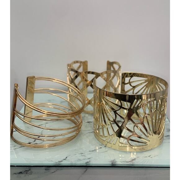 Lot Of 3 Gold Tone Cut Out Statement Cuff Bracelets - Picture 1 of 6